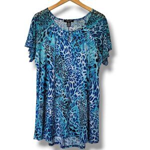Adele & May Tunic Top Size 3X Blue Aqua Animal Print Decorative Button Stretch